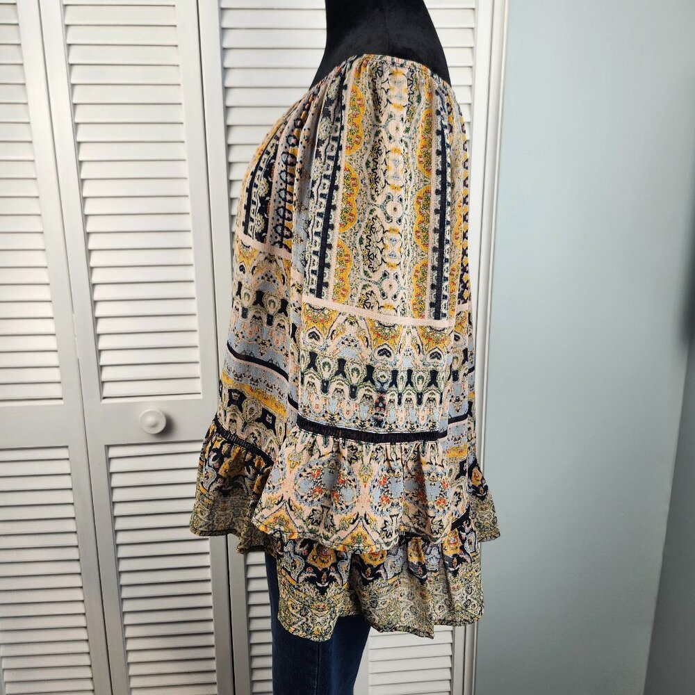 Democracy Boho Off Shoulder Top L Bell Sleeve Flowy Semi Sheer Embroidered Trim - Picture 5 of 11